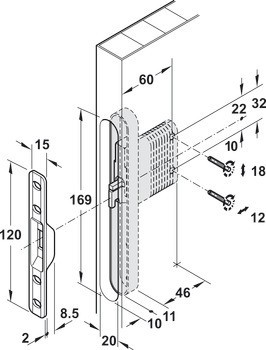 Závěsná deska, skryté držáky skříňky, šířka 20 mm